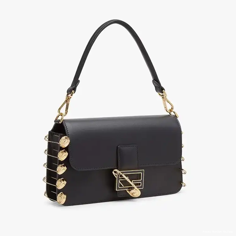 Cheap Leather Baguette Calf Fendi Pin Bag with Fendace Brooches Medium In Black 0503